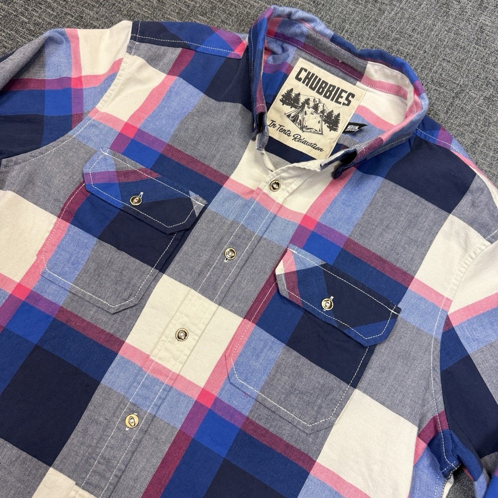Chubbies Shirt Men's M In Tents Relaxation Blue Red Plaid Button Up Long Sleeve